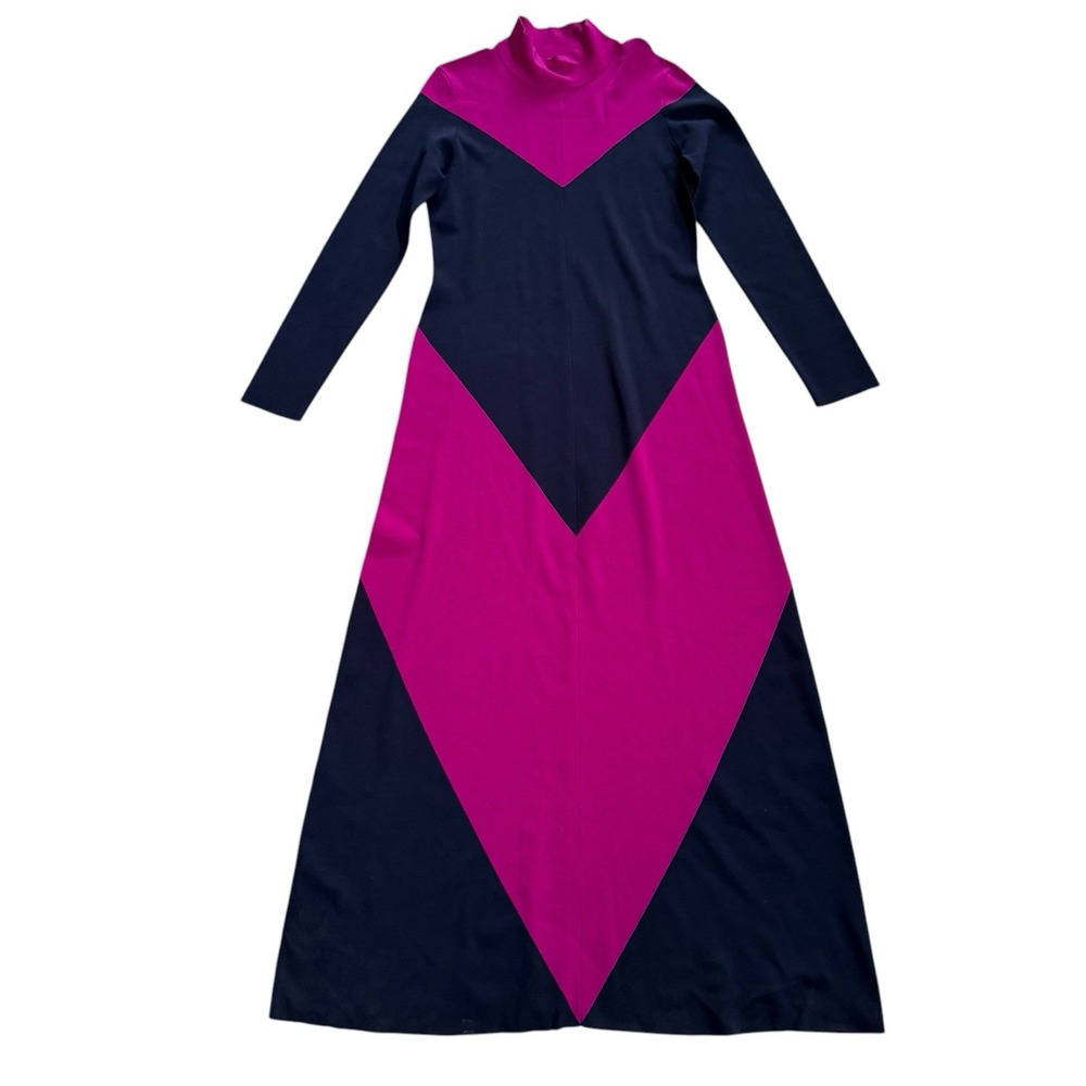 Layeur Color Block High Neck Maxi Dress Sz XL Navy & Pink Modern Modesty‎